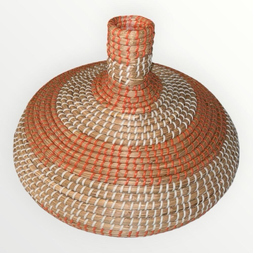 Round Wicker Lidded Decorative Basket Boho Beige/Orange 16in Freestanding - Picture 4 of 7